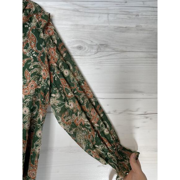 Rose + Olive Blouse Womens Large Green Paisley V-Neck Long Sleeve Lined‎ Boho - Picture 3 of 9